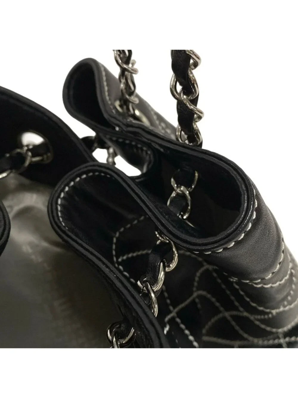 Chanel Tote Bag Wild Stitch Black White Silver Lambskin